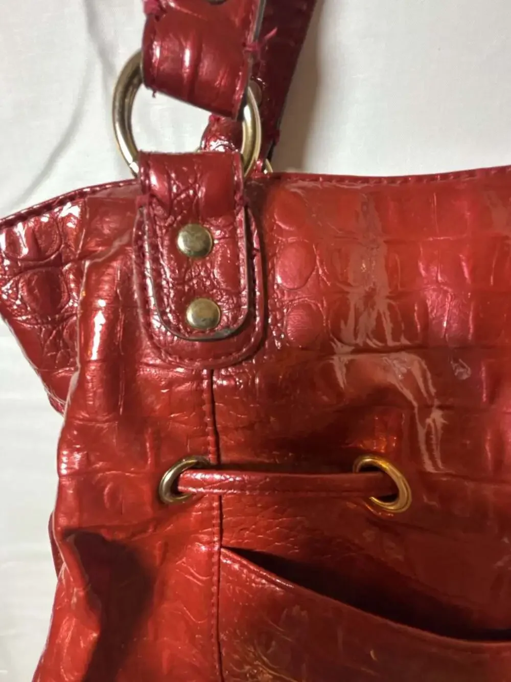 London Fog Red Faux Croc Patent Leather Tote Bag
